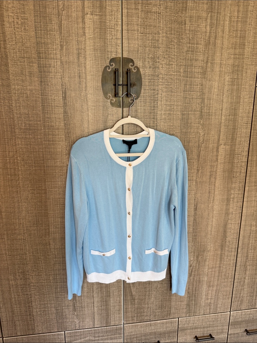 Zara Light Blue and White Women's Button Cardigan Sweater